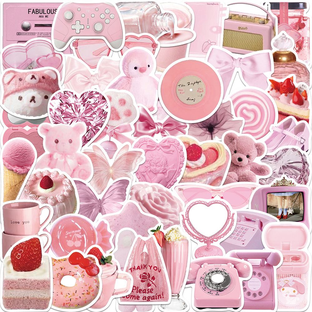 50Pcs Ins Fresh Girlish Style Pink Tone Waterproof Stickers, Cute Aesthetic Stickers. Decorative Stickers for Water Bottles, Case — image 4
