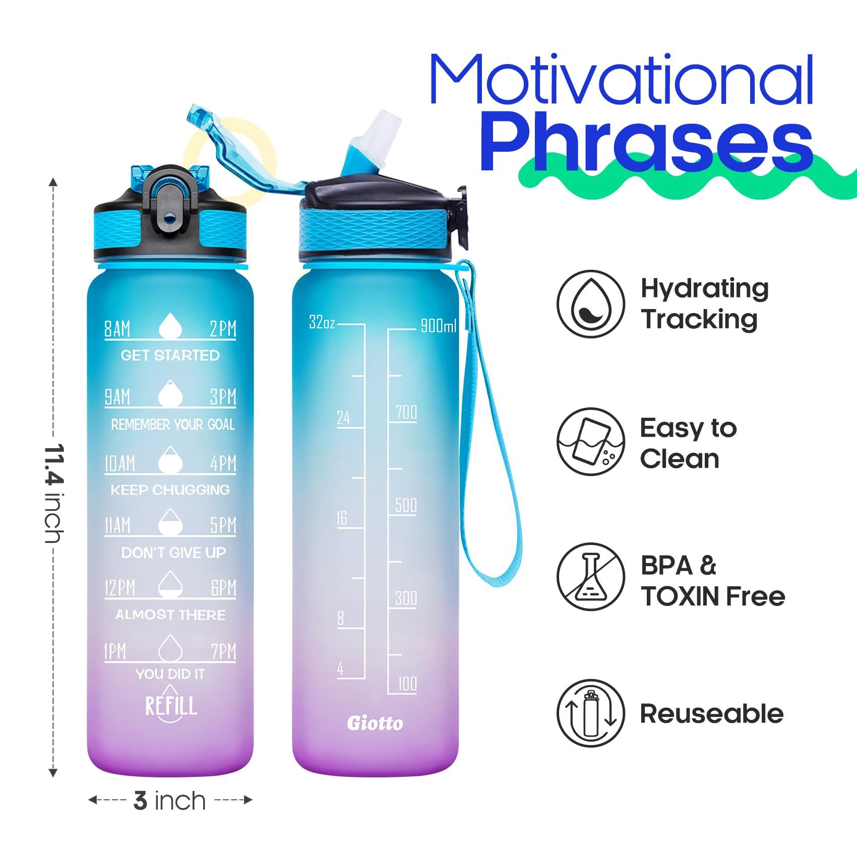 32oz Large Leakproof BPA Free Drinking Water Bottle with Time Marker & Straw to Ensure You Drink Enough Water Throughout The Day — image 2