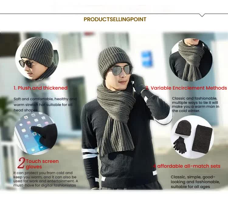Light Grey Men's 3-Piece Winter Warm Ribbed Knit Beanie Hat Scarf and Gloves Set โ image 4