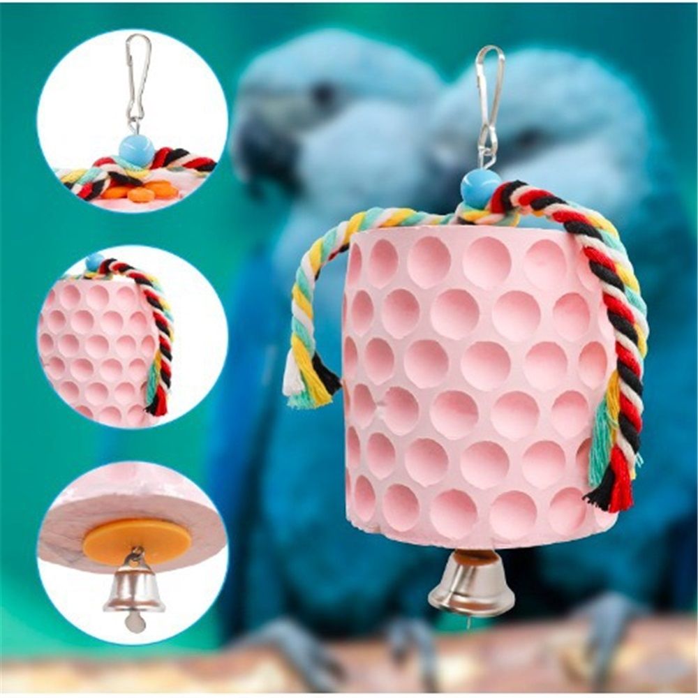 Bird chewing toys, parrot beak grinding calcium stones, with bells, birdcage accessories, parrot cub, hamster, Totoro cage toys(Pink) — image 3