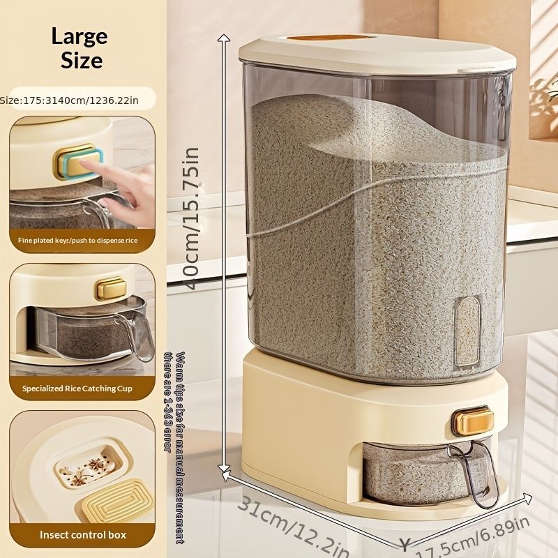 large capacity rice dispenser, measuring cup, time scale, plastic grain storage container, sealed food storage, insect proof food storage, moisture proof food