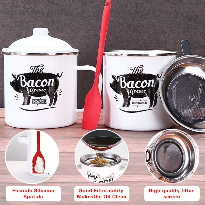 Retro 1200ML Enamel Lard Storage Jar - Acid & Alkali Resistant Oil Filter Pot with Fine Mesh Strainer & 17cm Scraping Spatula โ image 2