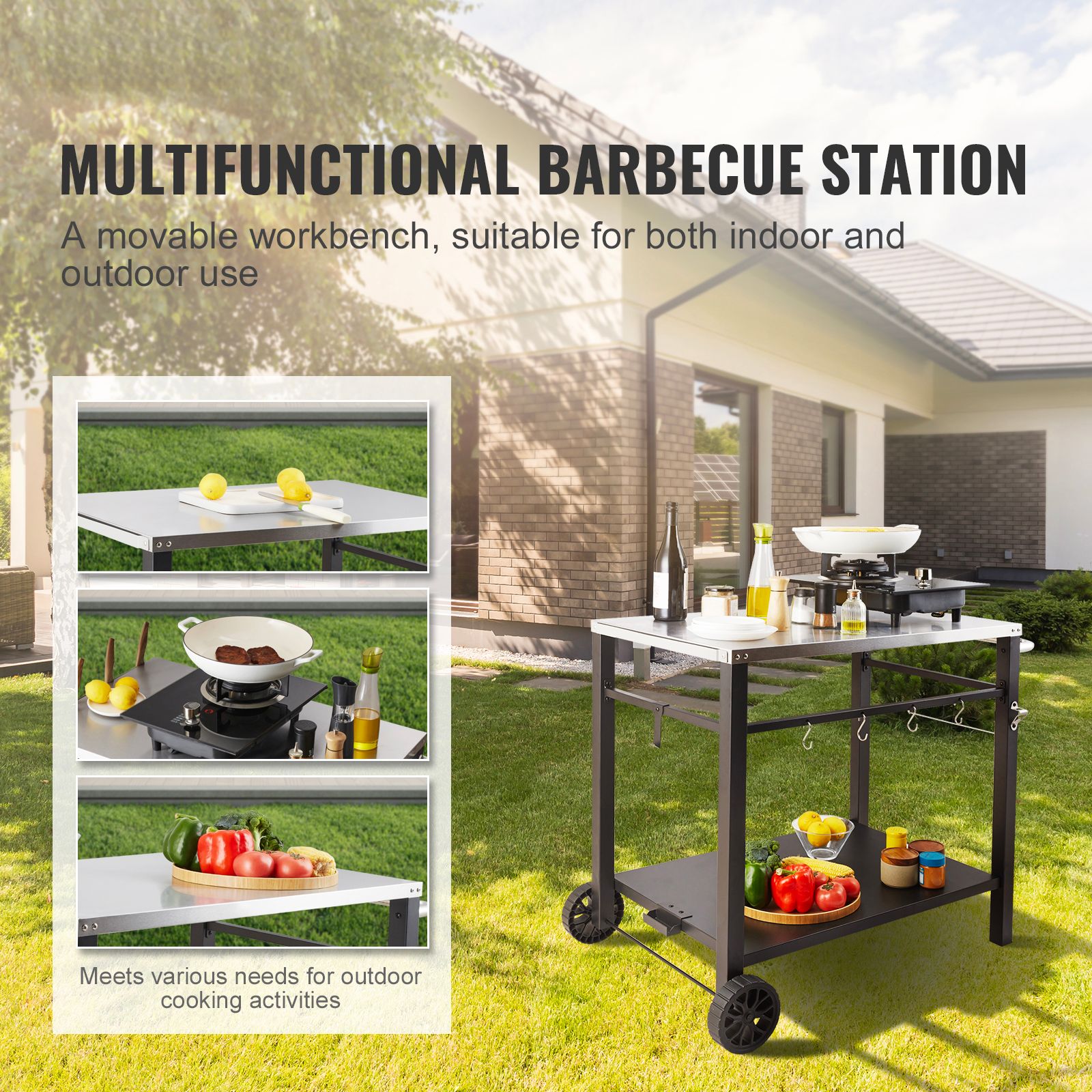 Outdoor Grill Dining Cart with Double-Shelf, 85 × 55cm BBQ Movable Food Prep Table, Multifunctional Stainless Steel Table Top, Portable Modular Carts for Pizza — image 2