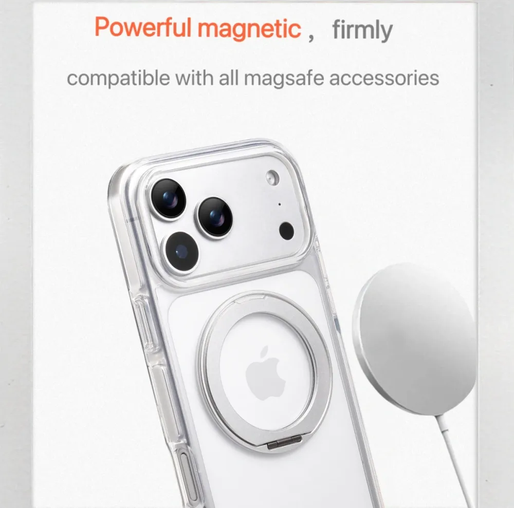 Clear MagSafe iPhone 17 Pro Case with 360° Rotating Ring Stand - Silver Edition — image 2
