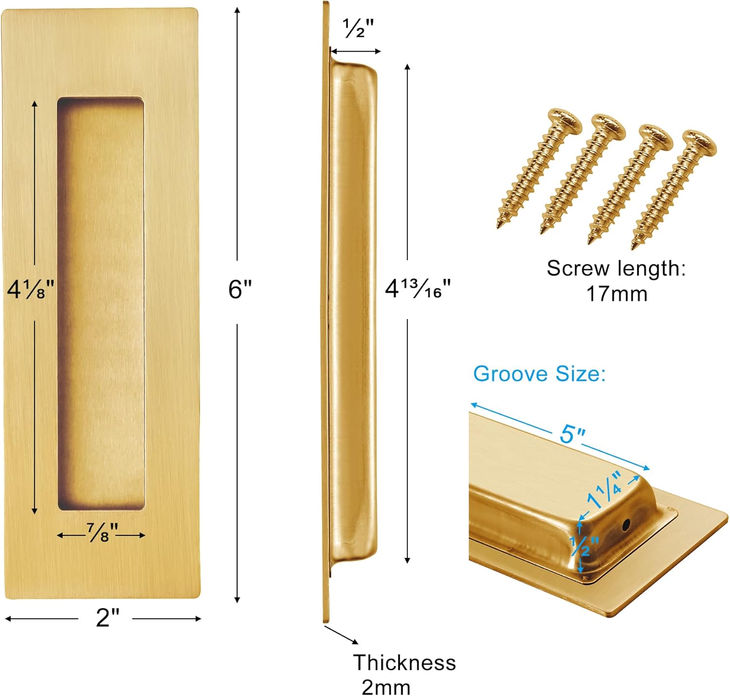 Recessed Finger Flush Pulls for Pocket, Sliding Barn Door - Brushed Gold Stainless Steel Rectangular Door Pulls (2 Pack) 6 Inch — image 2