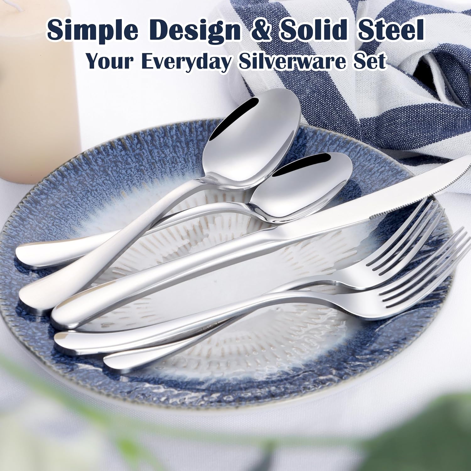 Heavy Duty Silverware Set for 8, 40-Piece Stainless Steel Flatware Cutlery Set, Thick Metal Eating Utensils Including Forks and Spoons Knife, Heavy Weight & — image 3