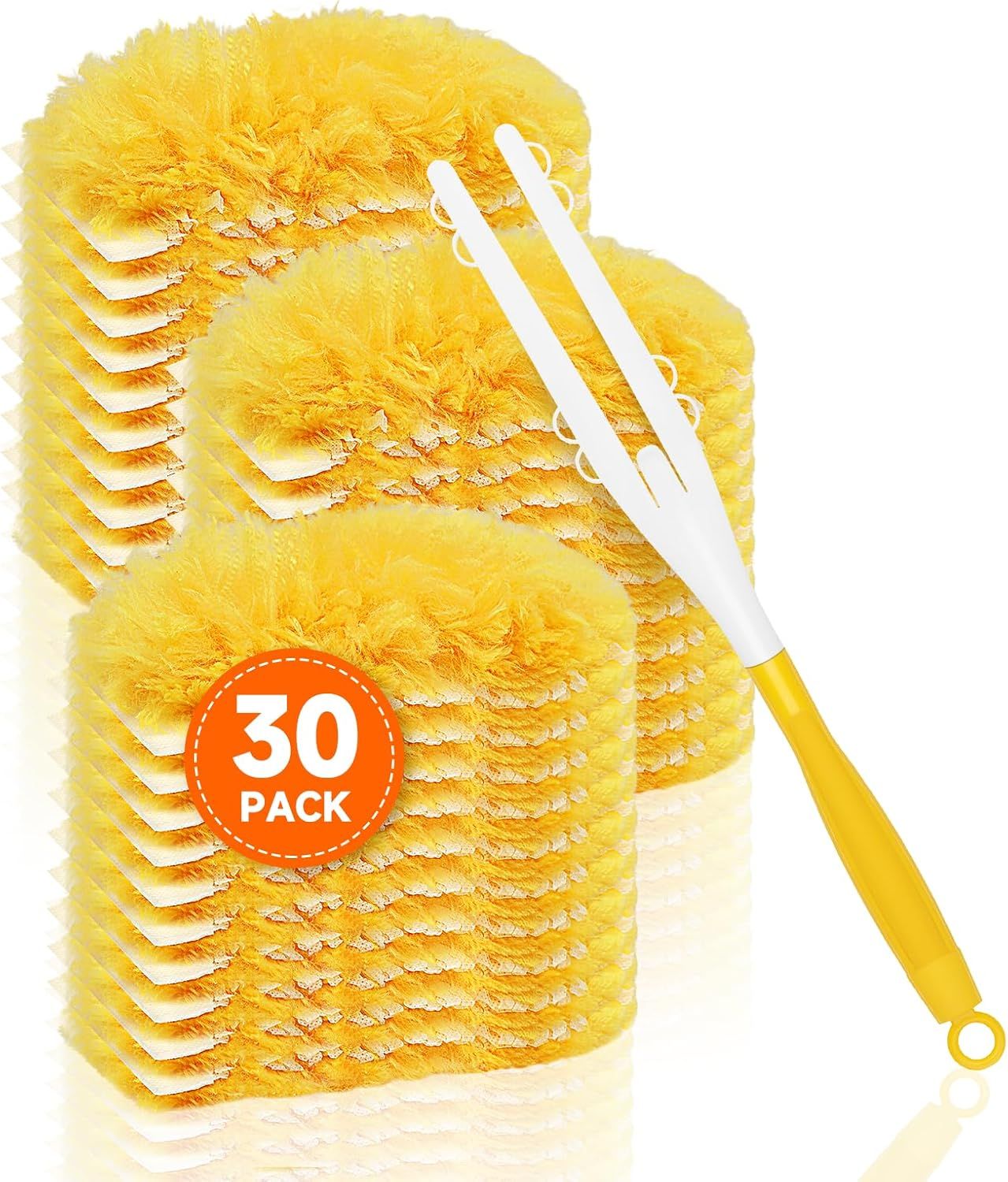 30 Pack Multi-Surface Duster Refills with 1 Handle, 360-Degree Disposable Cleaning Heads for Fans, Blinds, Furniture and Shelves