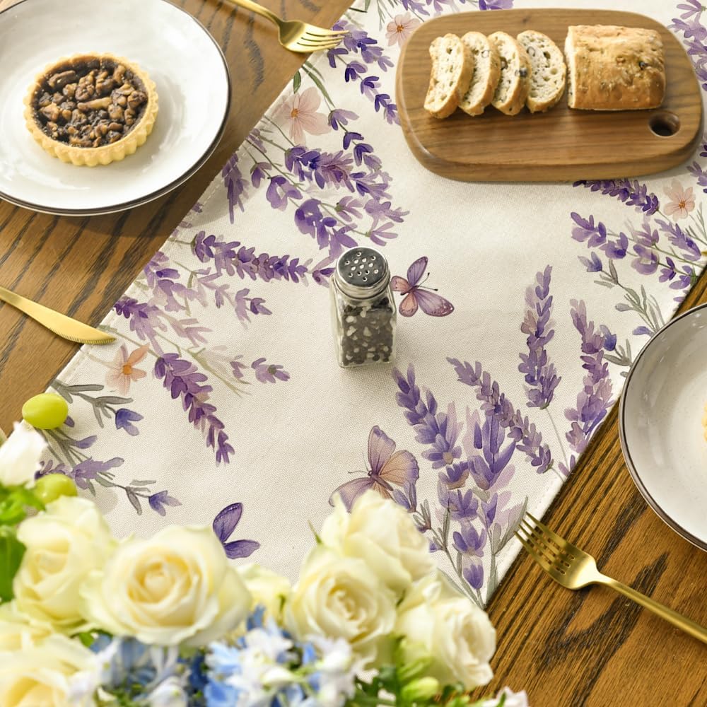 Purple Lavender Floral Butterflies Spring Table Runner, Seasonal Summer Kitchen Dining Table Decoration for Home Party Decor 13 × 72 Inch — image 4