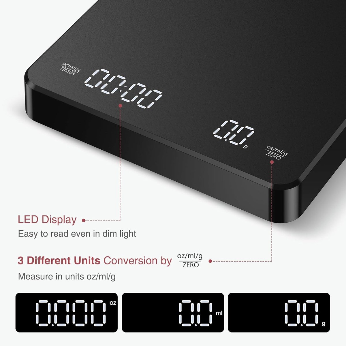 Coffee Scale - Digital Coffee Scale with Timer - Rechargeable for Filter Coffee, 3 kg / 0 g Digital Espresso Scale - with Peeling Function - 3 Units, LED — image 6