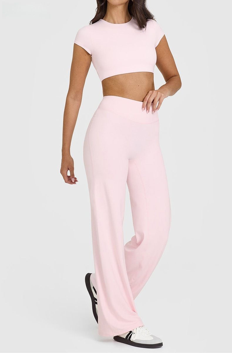 XL Size Pink High Waisted Flare Yoga Pants for Women - M-Shaped Peach Hip Lifting Wide-Leg Workout Trousers with Soft & Skin Feel Four Way Stretch Fabric — image 2