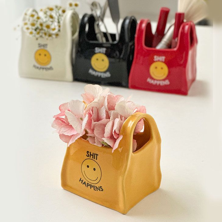 Yellow Ceramic Mini Tote Bag Pen Holder - Creative Desktop Storage Organizer for Makeup Brushes, Remote Controls and Stationery, Cute Smiley Decorative โ image 2