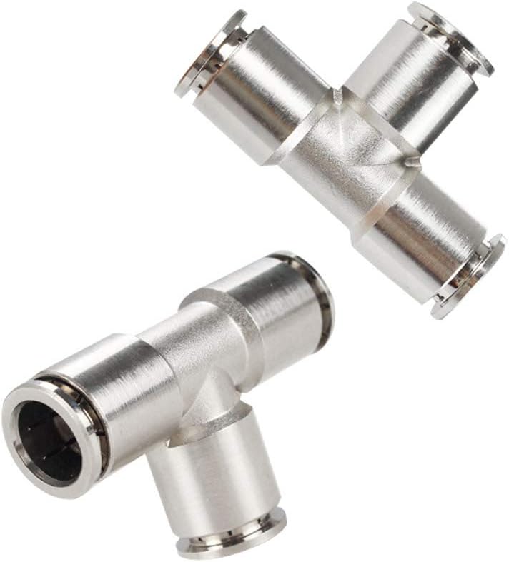 Push to Connect Tube Fitting Union Tee, Copper Nickle-Plated 1/4" Tube OD 3 Way Tee Shaped Union Adapter Fitting (Pack of 2)