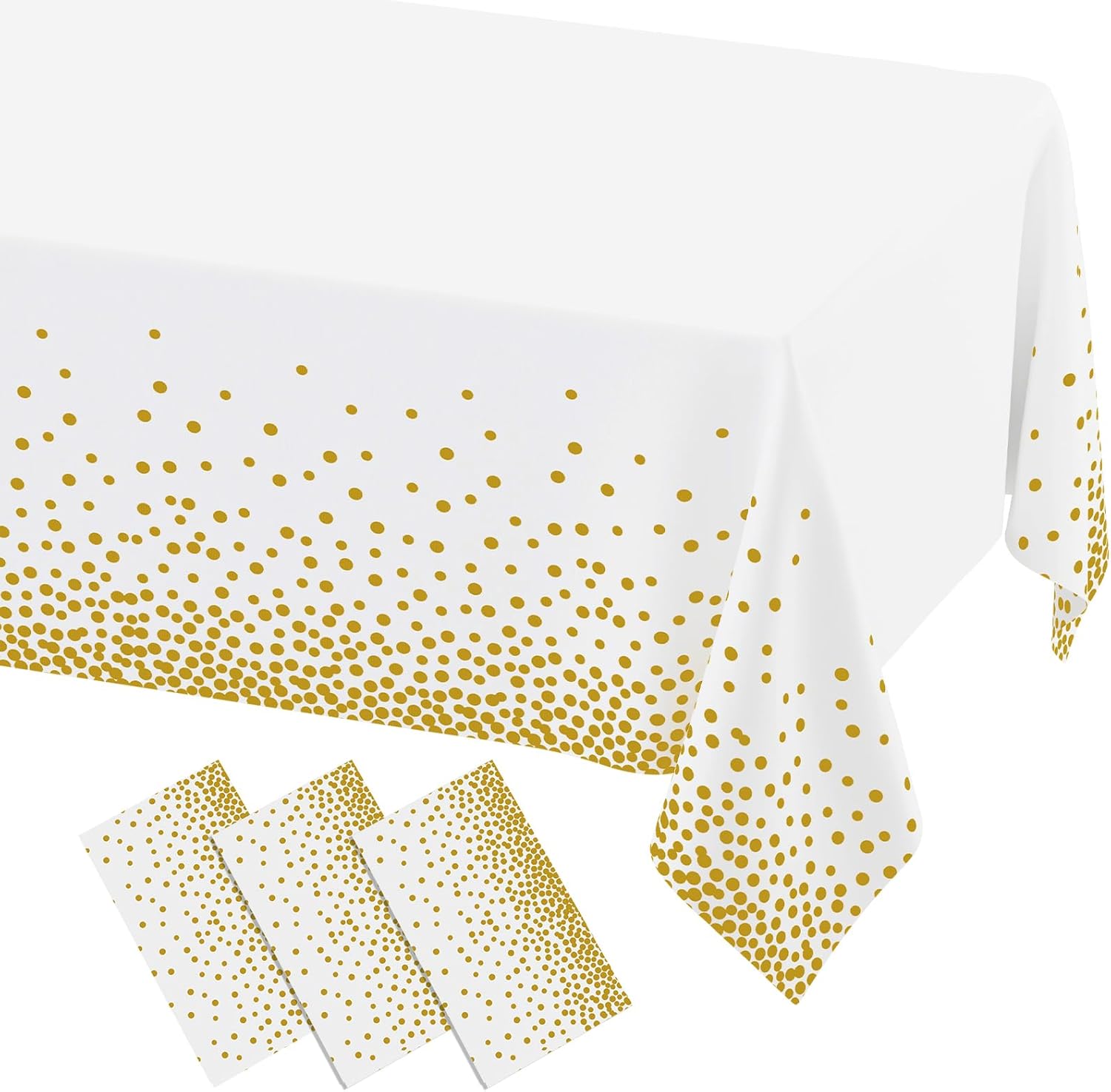 3 Packs Dot Disposable Table Cloth, 54 x 108 Inch Waterproof Plastic Tablecloth, Rectangle Gold Dots in White Table Covers for Easter, Picnic, Birthday, Party