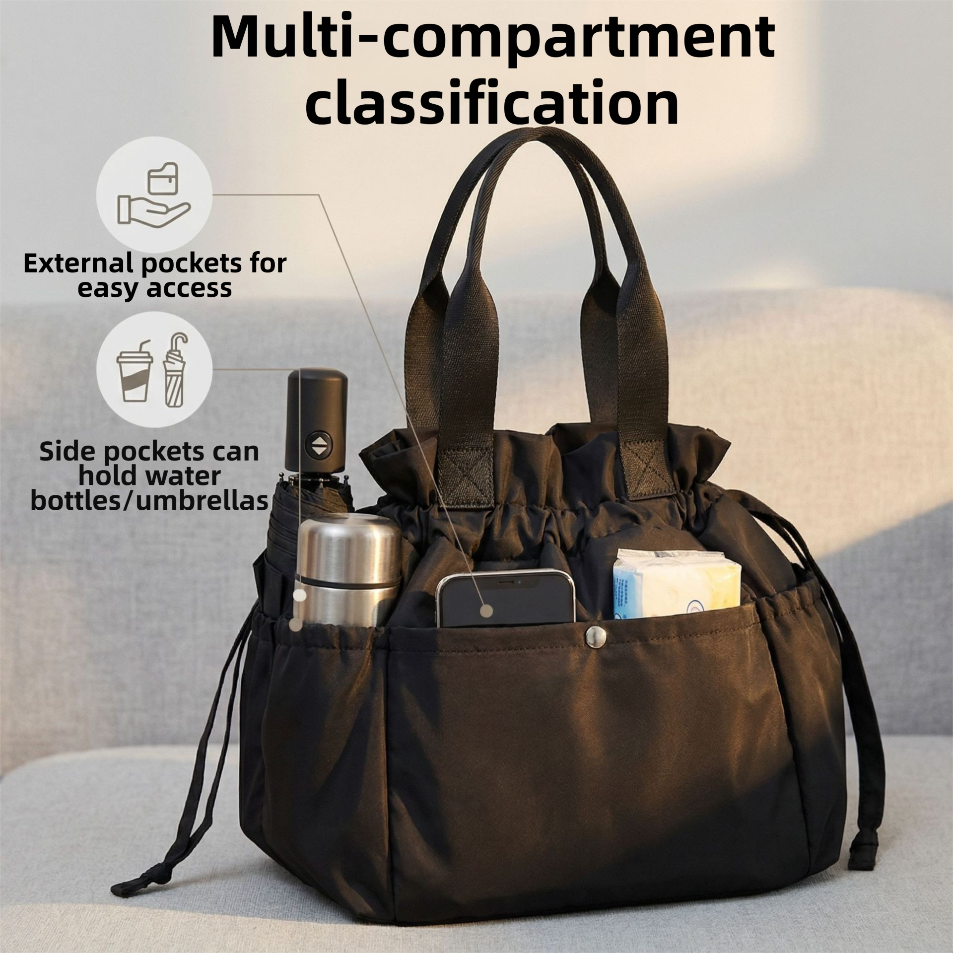Cartoon Yellow Insulated Lunch Bag for Women Men - Portable Drawstring Tote Lunch Box Bag with Multi Pockets & Stainproof Lining for Work, School — image 3