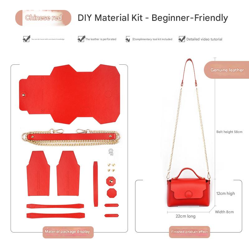 Red Leather Bag DIY Kit โ Geometric Shoulder Bag Making Material Set with Pre-Punched Cowhide, Tools for Hand Stitching