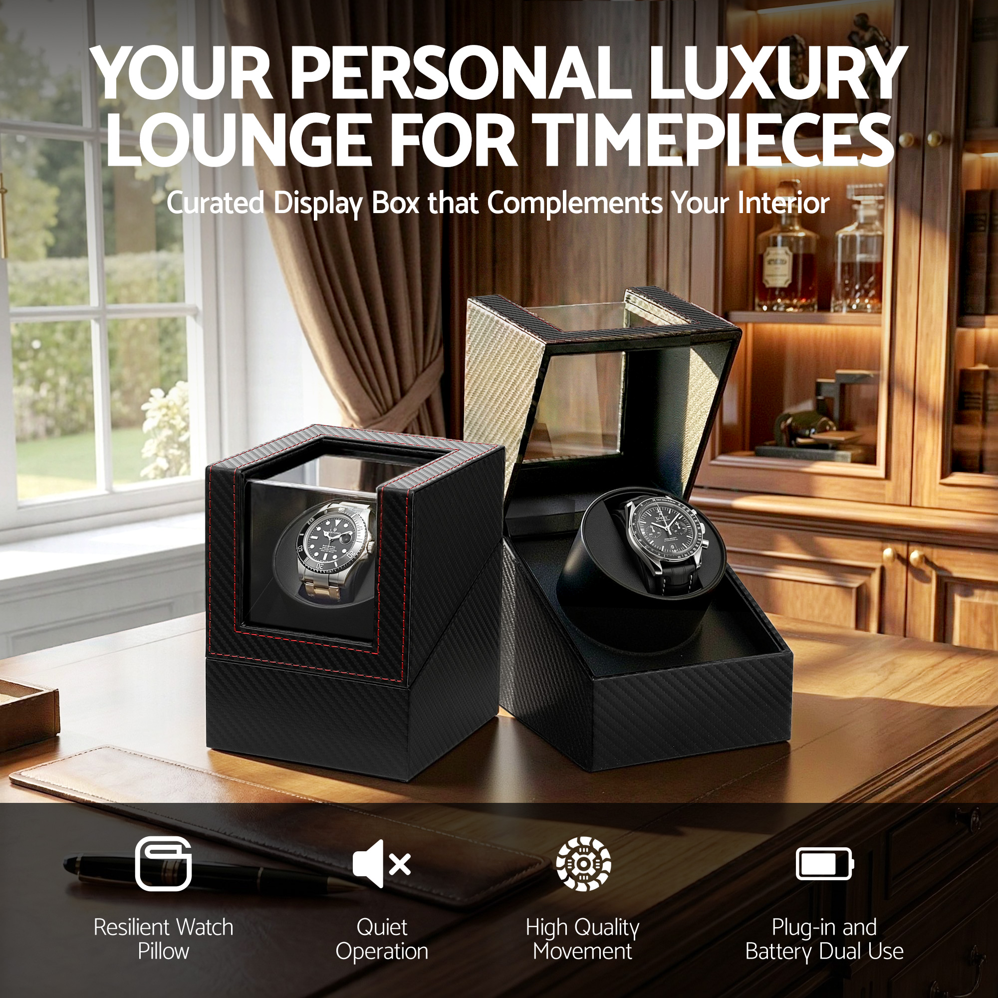 Embellir Watch Winder Box Automatic Single Quiet Carbon Fibre Black — image 4