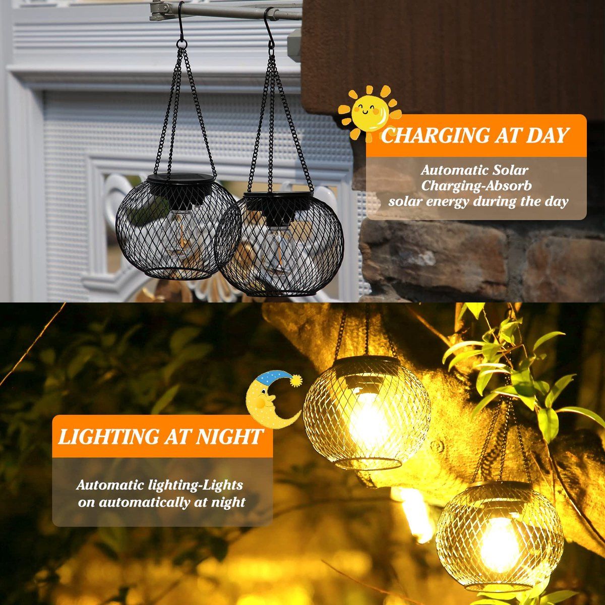 2 Pack Outdoor Solar Lights, Waterproof LED Hanging Lanterns with Warm White Light for Garden, Patio, Halloween and Christmas Decor — image 3