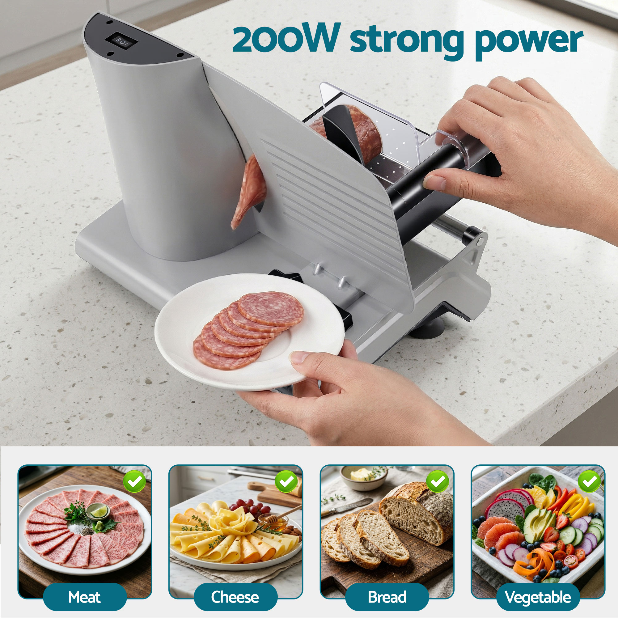 Devanti Meat Slicer Bread Vegetable, 200W Power 0-15mm Adjustable Easy Clean Stable Stainless Steel Blade Food Slicer for Kitchen Commercial, Silver — image 4