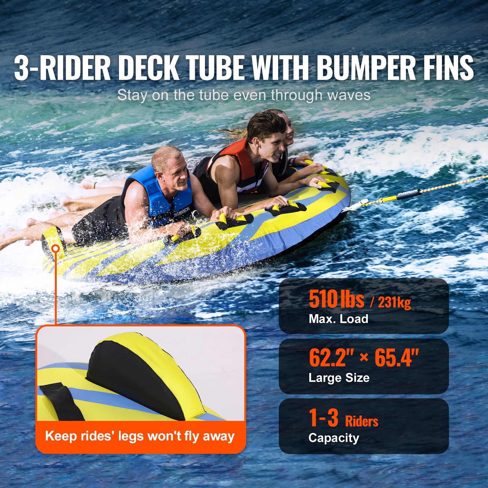 Towable Tube for Boating, 1-3 Riders Inflatable Towable Tube with Bumper Fins, 510 lbs Water Sport Towable Tubes for Boats to Pull, Full Nylon Cover, EVA Grab โ image 2