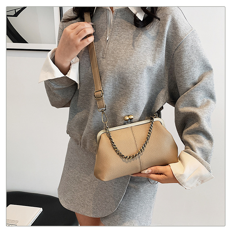Khaki Purple Retro Women's Shell Handbag - European Style Clip Lock Closure PU Clutch/Shoulder Bag with Chain Strap โ image 2