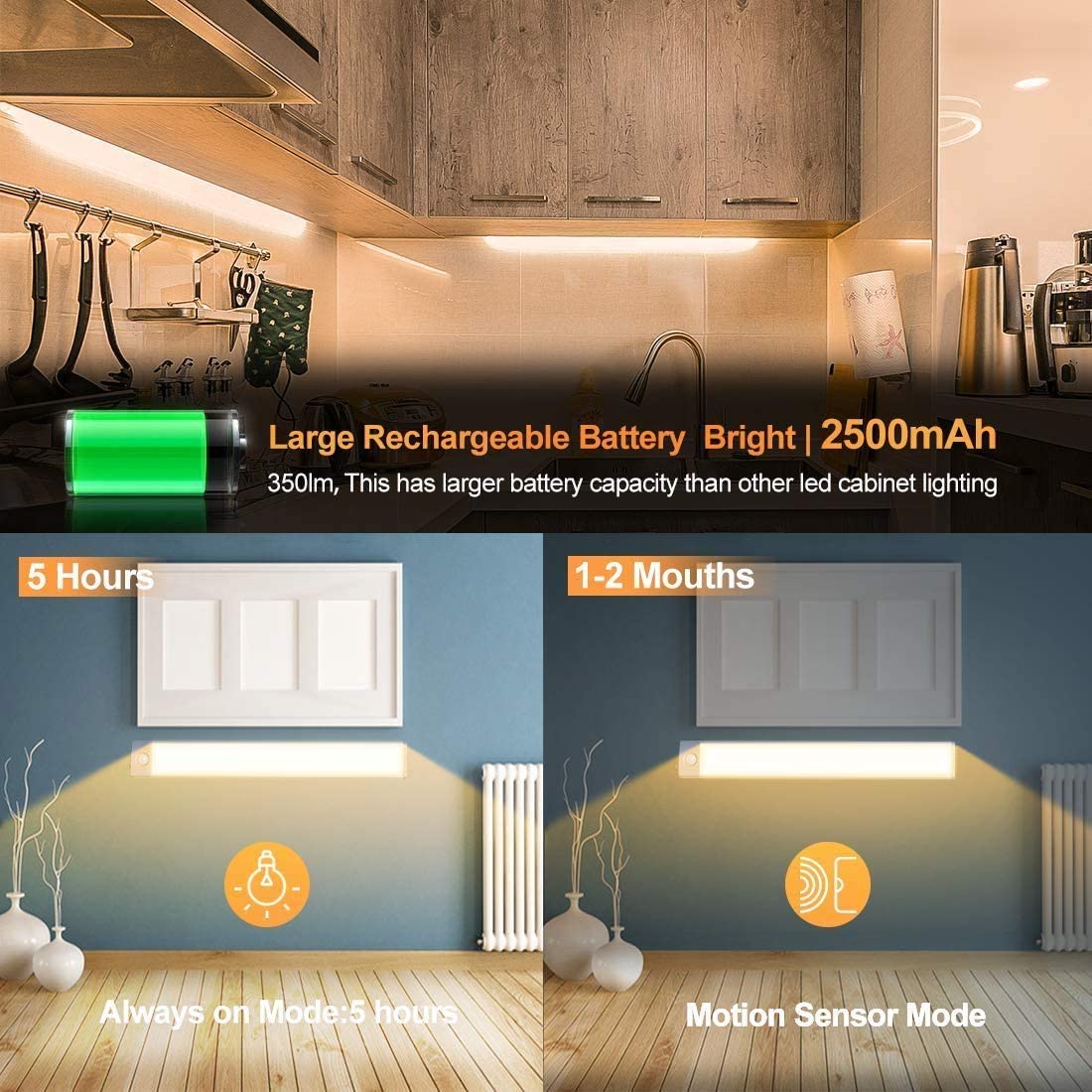 54 LED Rechargeable Under Cabinet Night Lighting for Kitchen and Bedroom (Silver and Yellow Light) — image 3