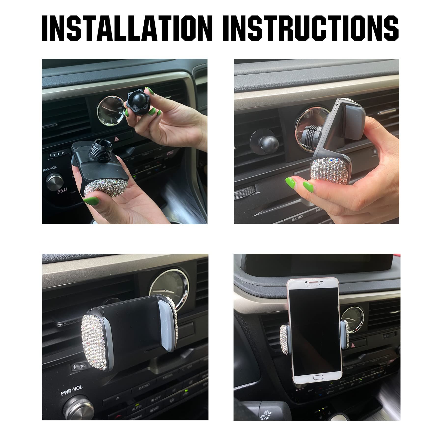 Cell Phone Holder, 360°Adjustable Phone Mount with One More Air Vent Base, Crystal Car Interior Decoration — image 4