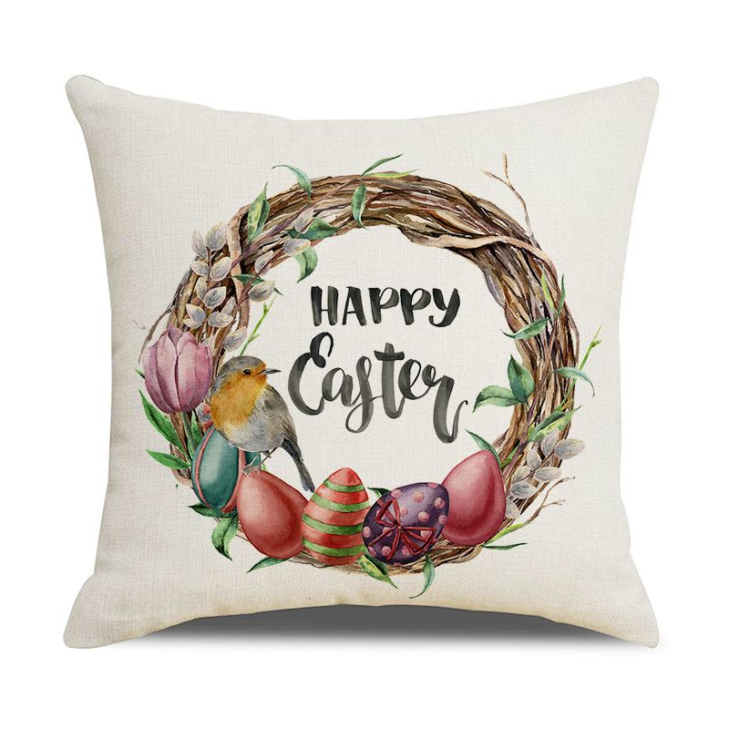 Easter Pillow Cover Set of 4 18 × 18 Inch Easter Bunny Rabbit and Eggs Cotton Linen Decorative Throw Pillow Case Spring Outdoor — image 5