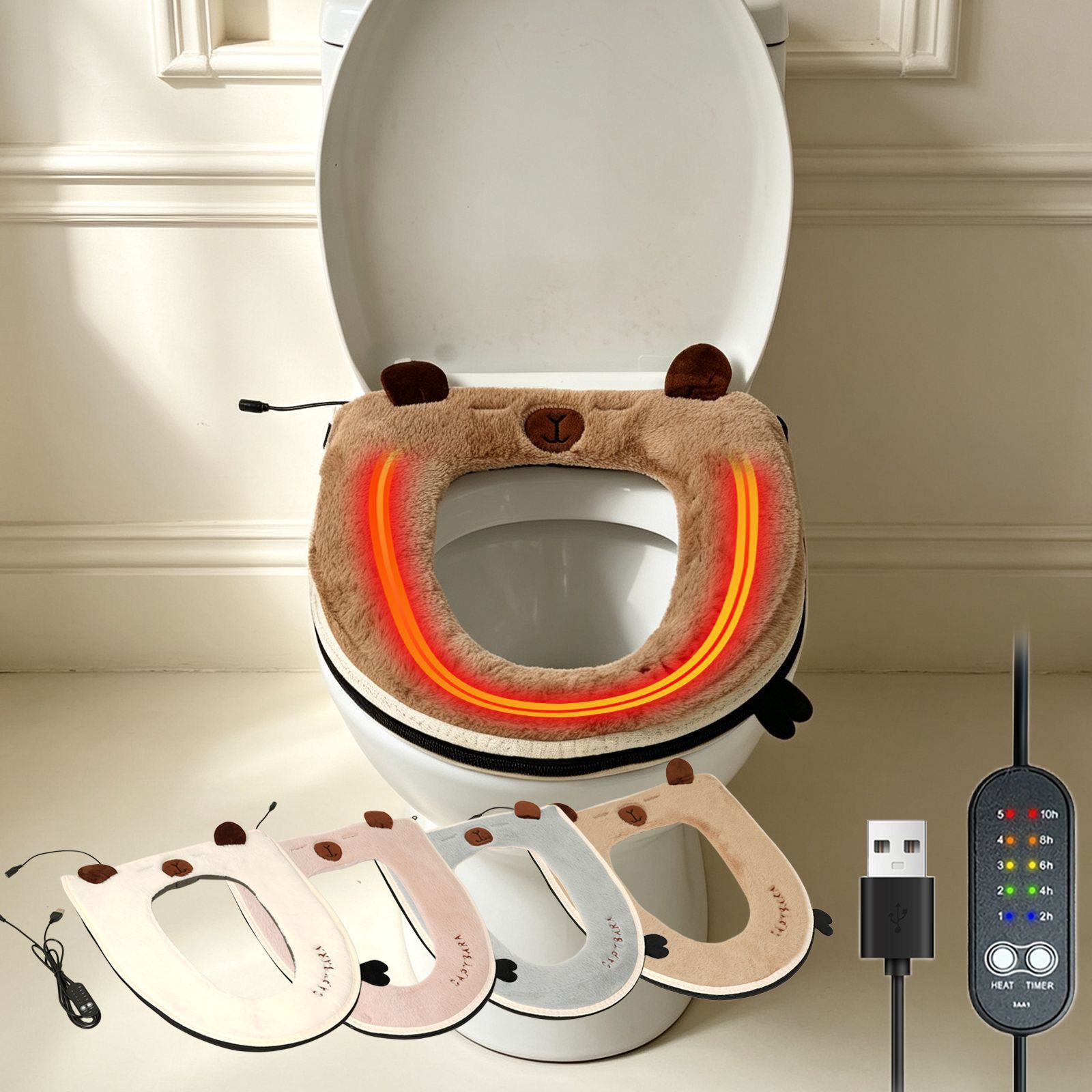 USB Heated Toilet Seat Cover with Capybara Design – Soft Plush, Washable, Fast Heating, 5-Level Temperature & Timer Control for Cozy Winter Bathroom Use — image 3