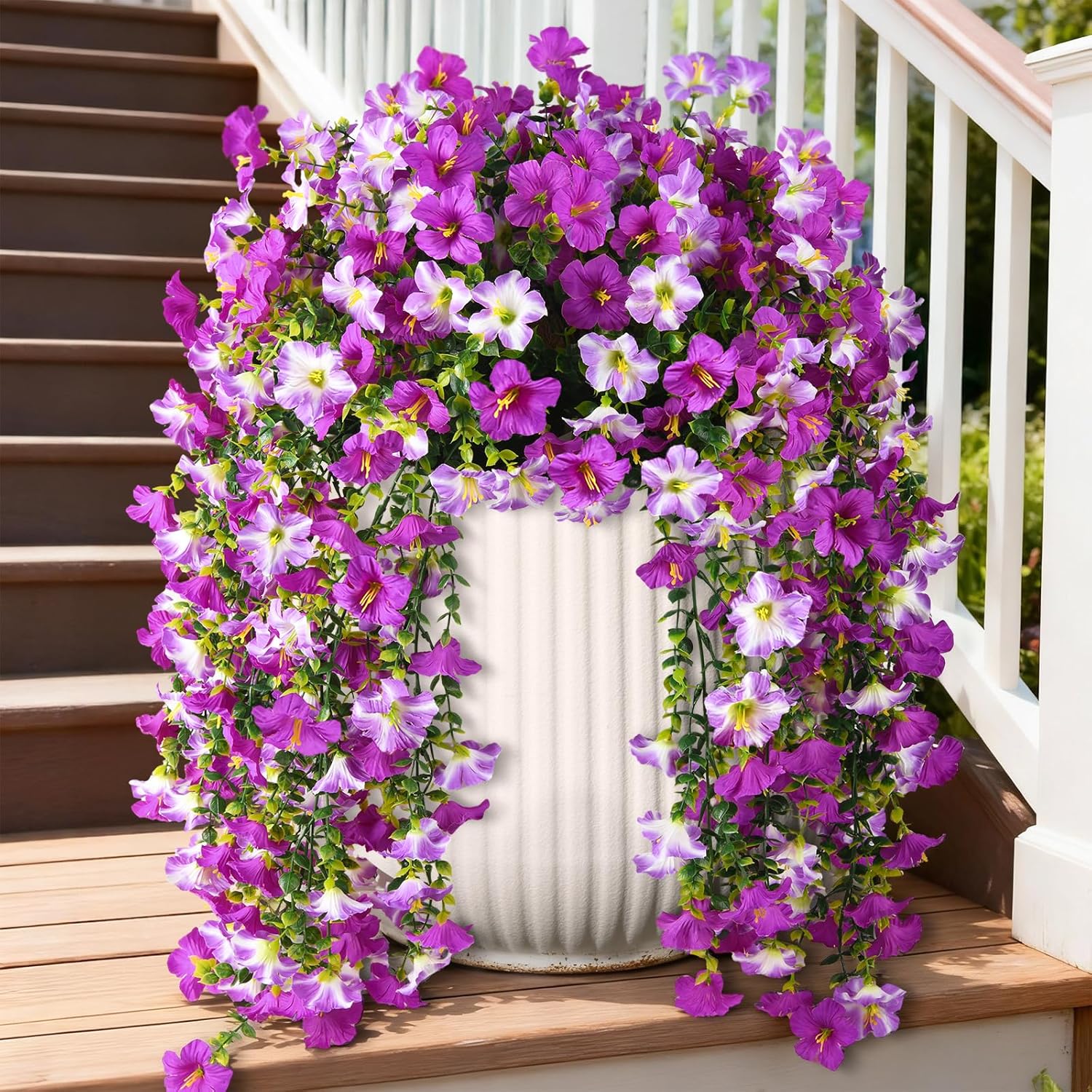 Artificial Fake Hanging Flowers Plants for Outdoor Spring Decoration,2 PCS Faux Silk Morning Glory with Eucalyptus Leaves,UV Resistant Realistic Trailing Vines