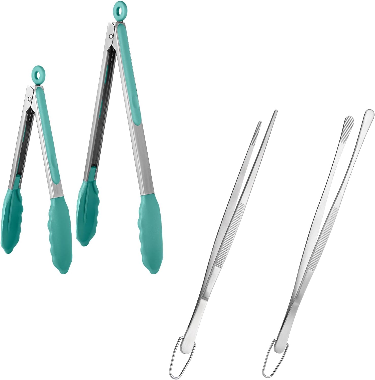 600ΒΊF Heat Resistant 9+12 in Silicone Cooking Tongs with Non Stick Rubber Tips (Aqua Sky) and 12" Kitchen Tweezer Set: 18/8 Stainless Steel Food-Grade Metal