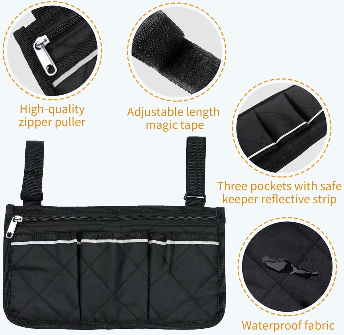 Wheelchair Armrest Storage Bag - Wheelchair Bag with 4 Storage Compartments - 32.5 x 18 cm - Waterproof Armrest Bag - with Safety Reflective Stripe — image 3