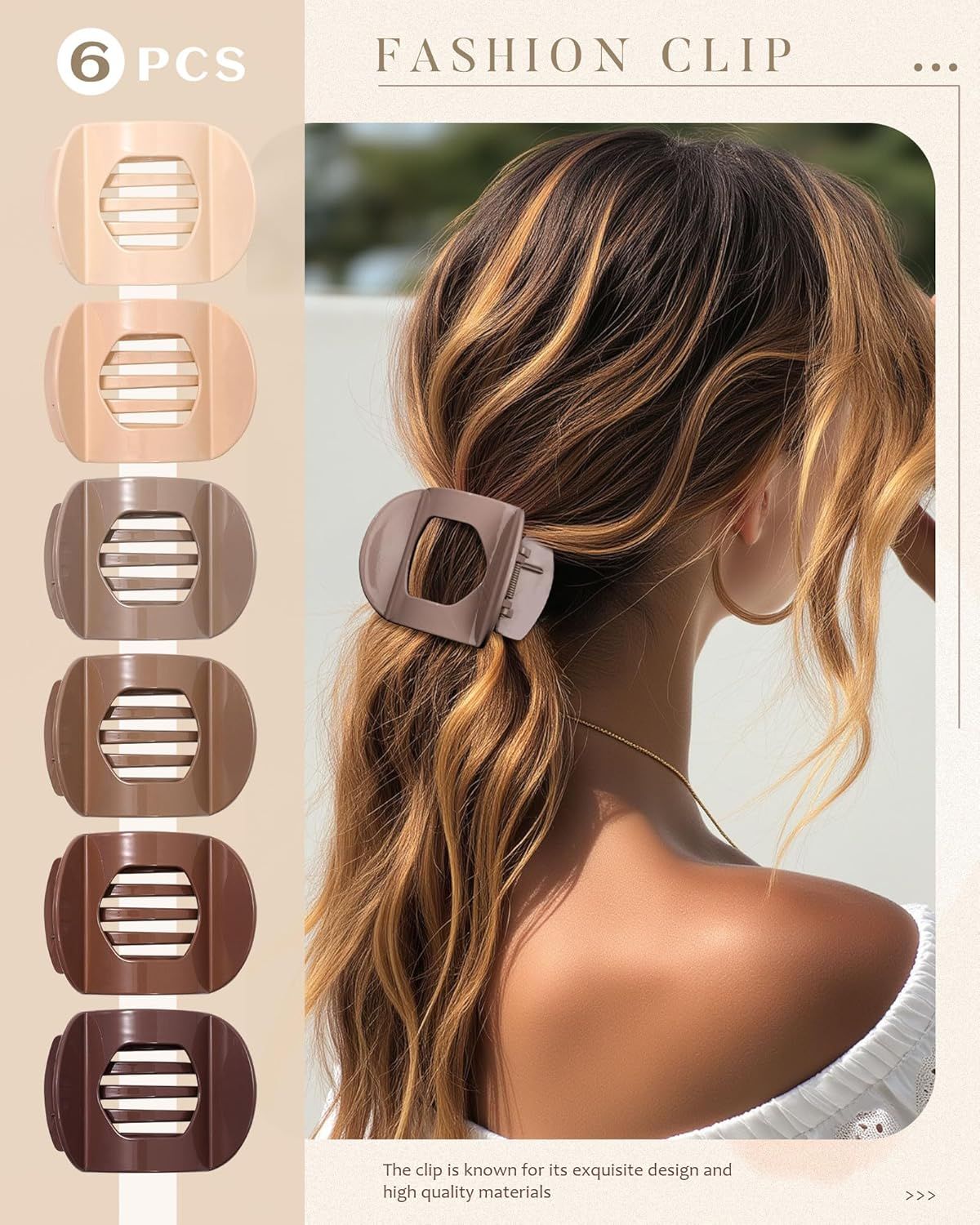 6Pcs lat Hair Clips or Women Strong Grip Curved Claw Clip or Thin Hair Non-slip Plastic Hair Barrettes ((Light Brown+Dark Brown+Light Brown+Dark — image 6
