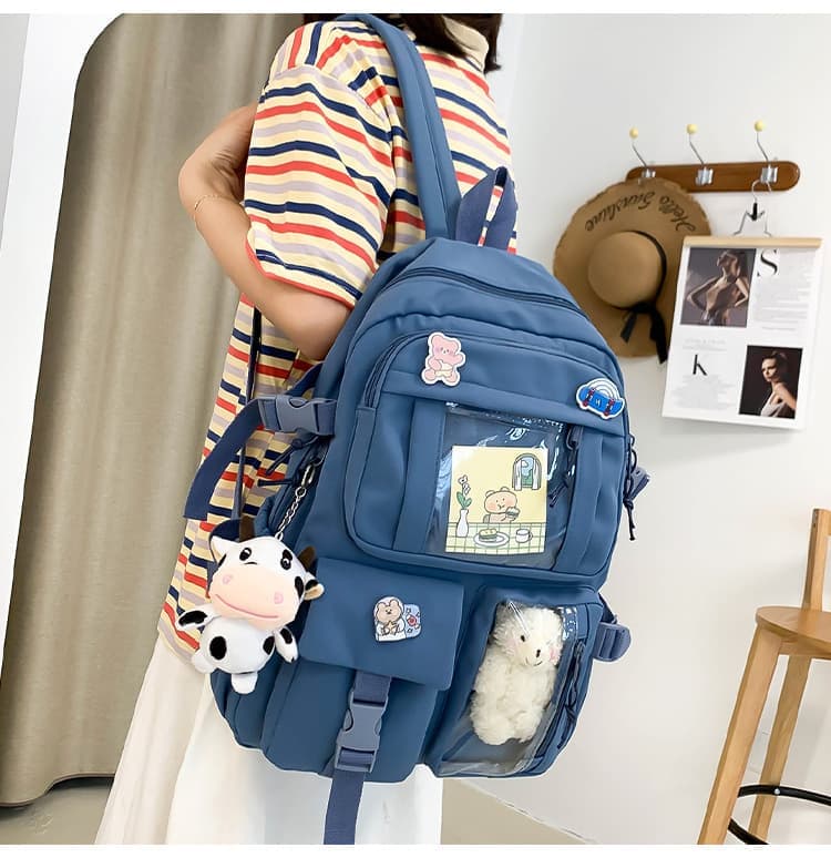 Blue Cute School Backpack for Girls Waterproof with Accessories and Plush Pendant, Ideal for School and Travel — image 4