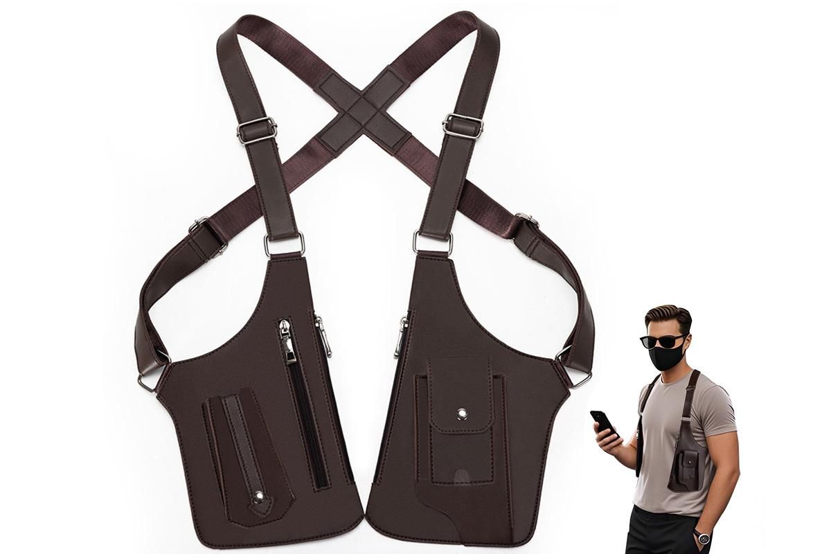Outdoor Double Shoulder Armpit Bag with Multiple Pockets - Brown