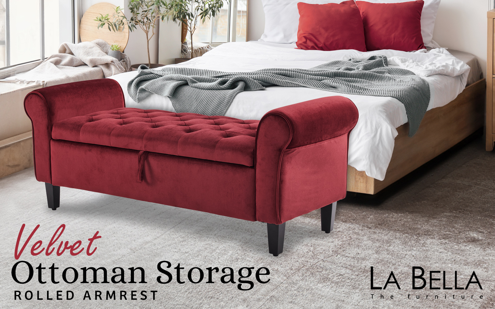 Storage Ottoman Stool Arm Bench Seat 132cm Velvet RED โ image 2