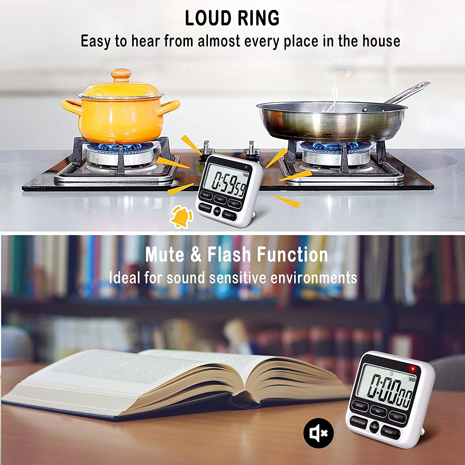 Digital Countdown Kitchen Timer -Count Up Down Magnetic Timer Clock for Cooking Baking Gym Students Black — image 2