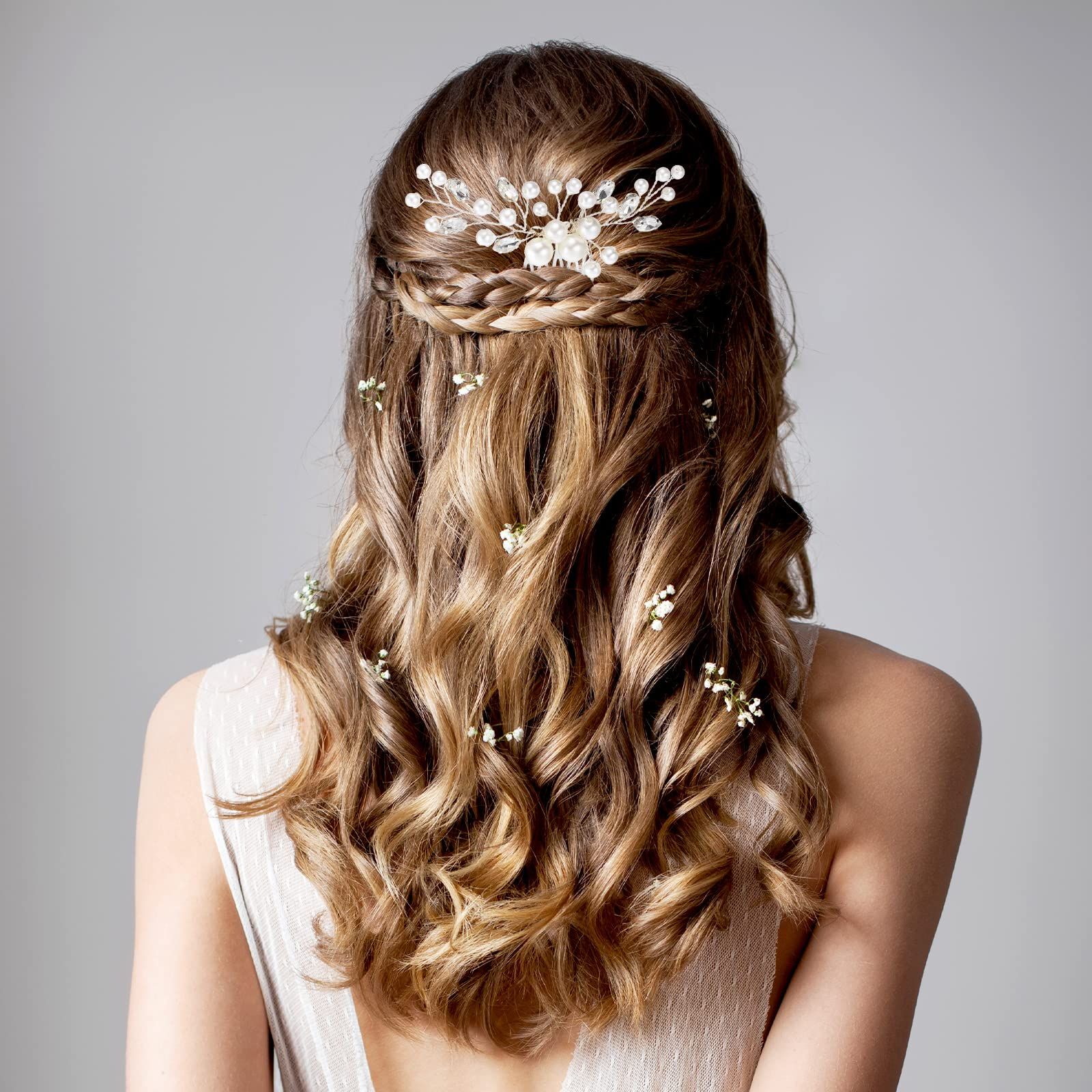 2 Pieces Wedding Pearl Hair Comb Bride Pearl Crystal Headpiece Flower Side Combs Hair Clip Bridal Hair Accessories, Silver — image 2