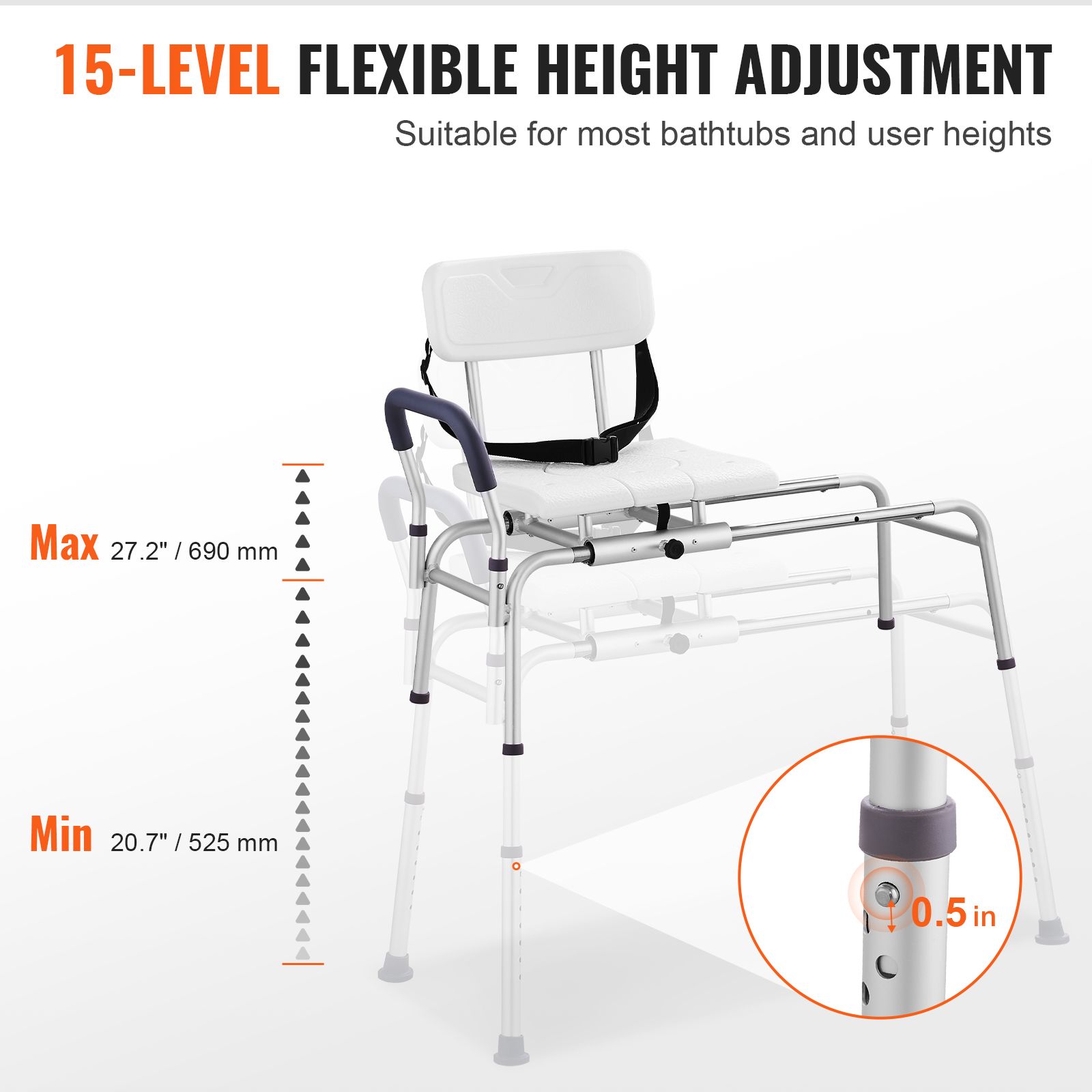 Sliding Tub Transfer Bench Shower Chair & Cut-Out Seat Reversible Backrest — image 5