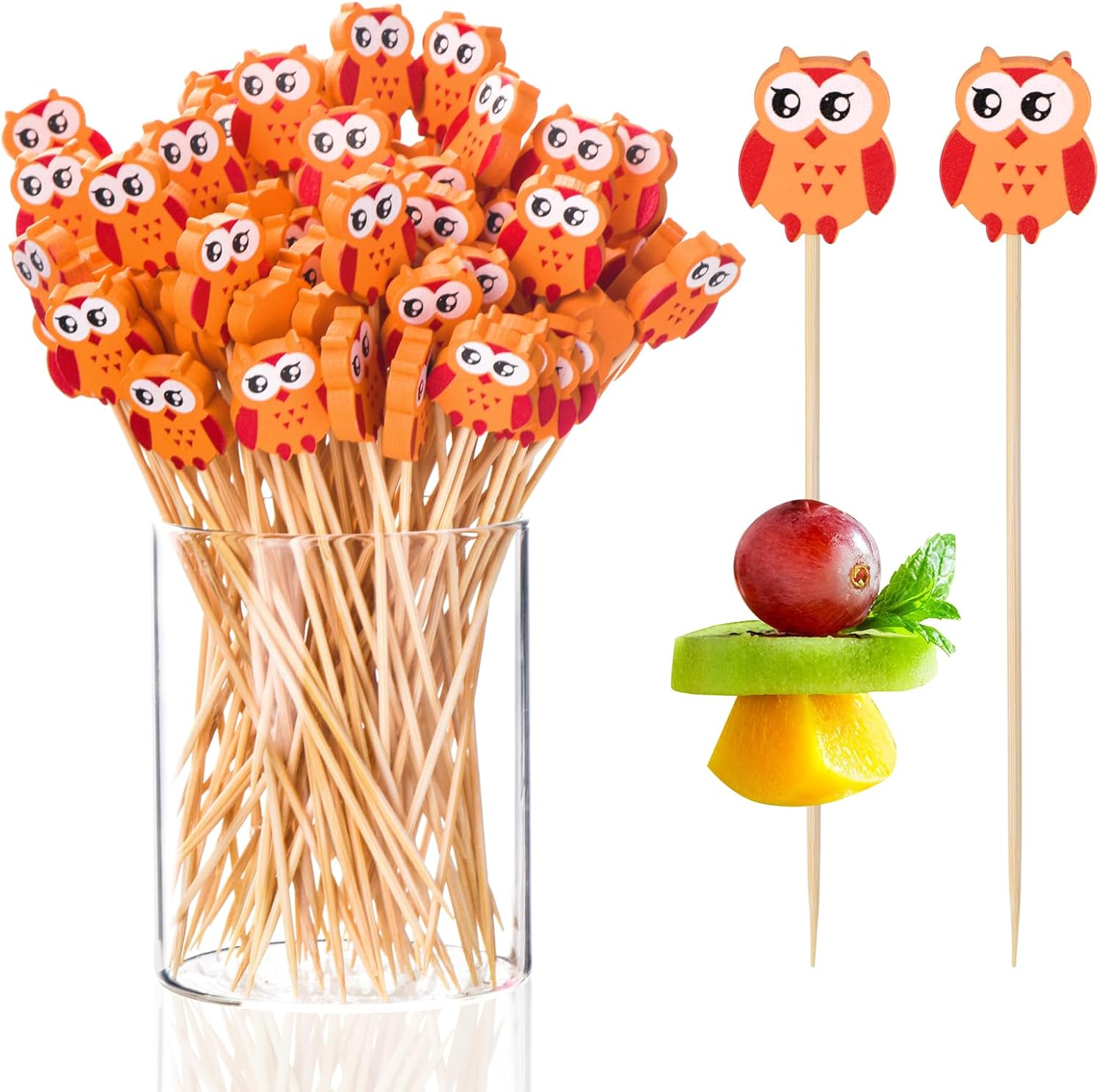 100 Pack Owl Toothpicks for Appetizers, 4.7 Inch Natural Bamboo Cocktail Picks for Cake Dessert Food Picks Wedding Birthday Party Decoration