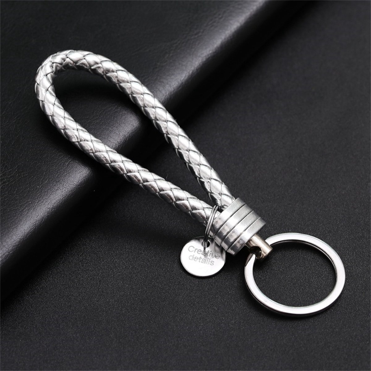 Luxury PU Leather Keychain | Key Holder | Woven Keychain | Universal | Silver — image 2
