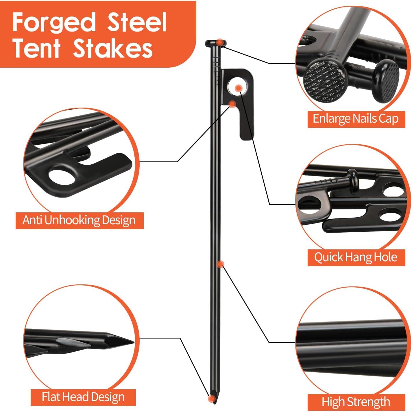 8 Pack 8in Heavy Duty Forged Steel Tent Stakes and Hammer Set, with Storage Pouch, Available in Rocky Place — image 3