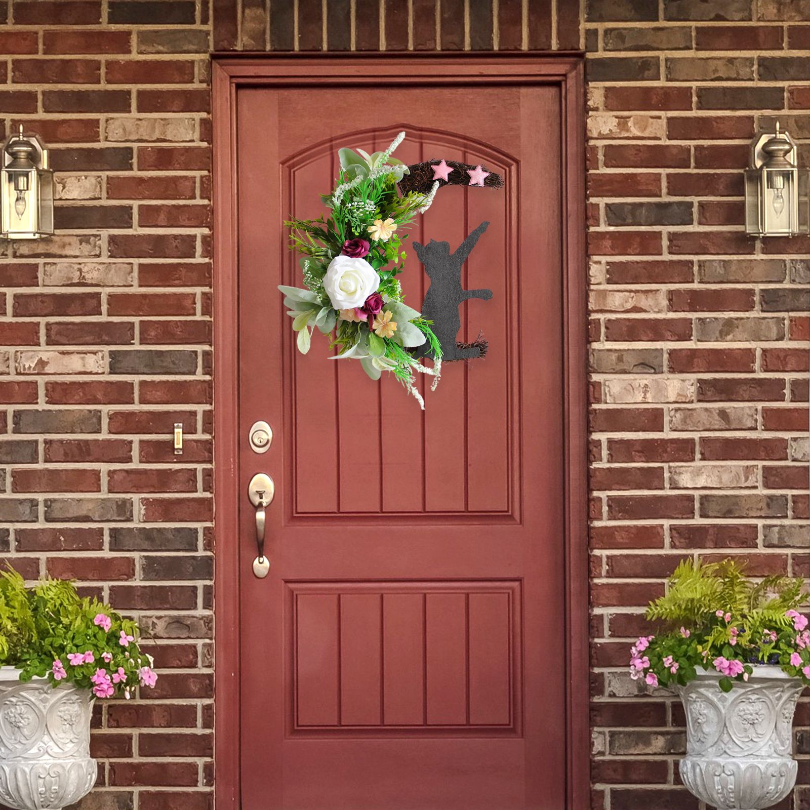 Halloween Moon Cat Wreath Door Hanging Decoration Artificial Flower Halloween Wreath — image 5