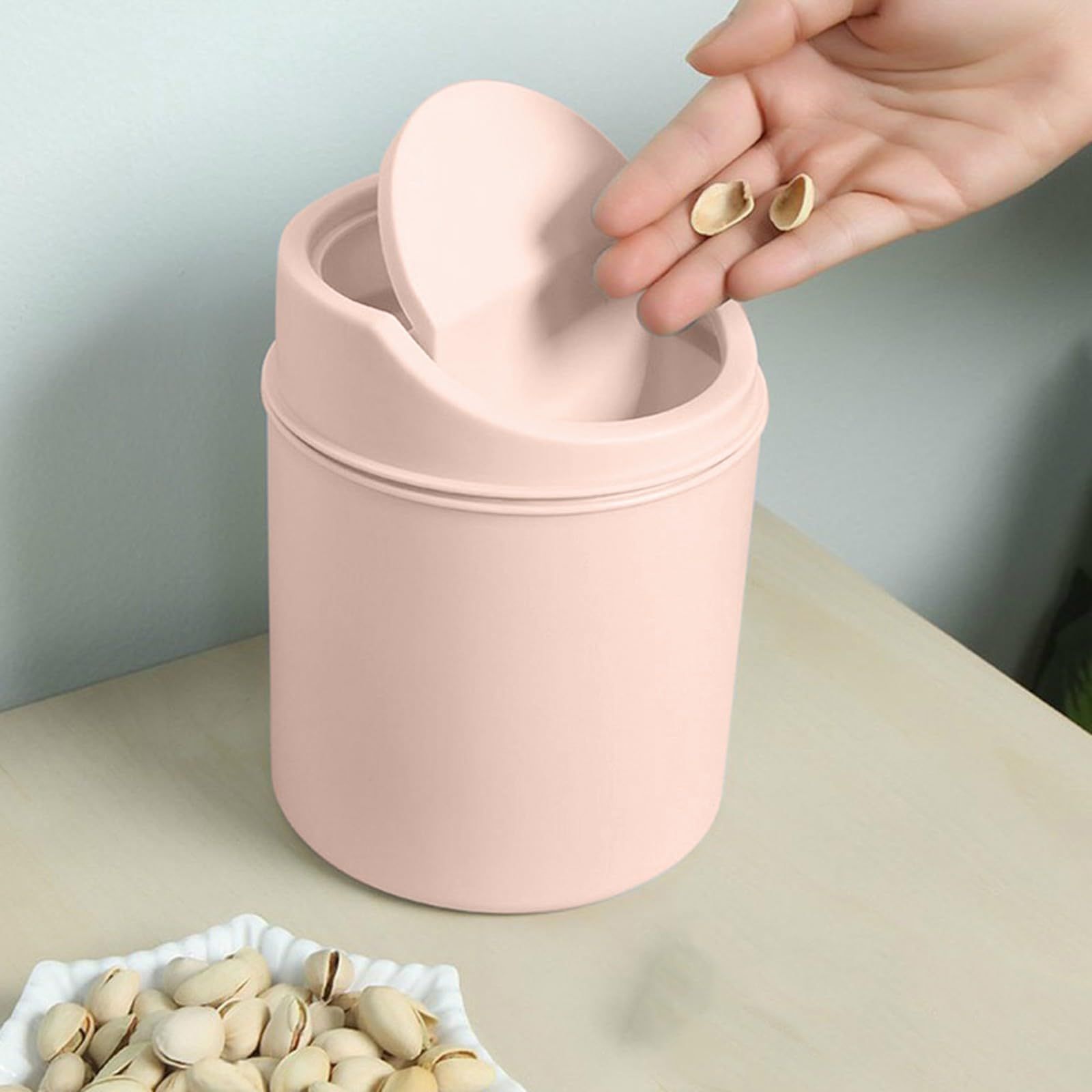 Mini Plastic Waste Garbage Can, Desktop Wastebasket Trash Can with Swing Lid, Stylish Countertop Round Small Trash Can (Pink) — image 3