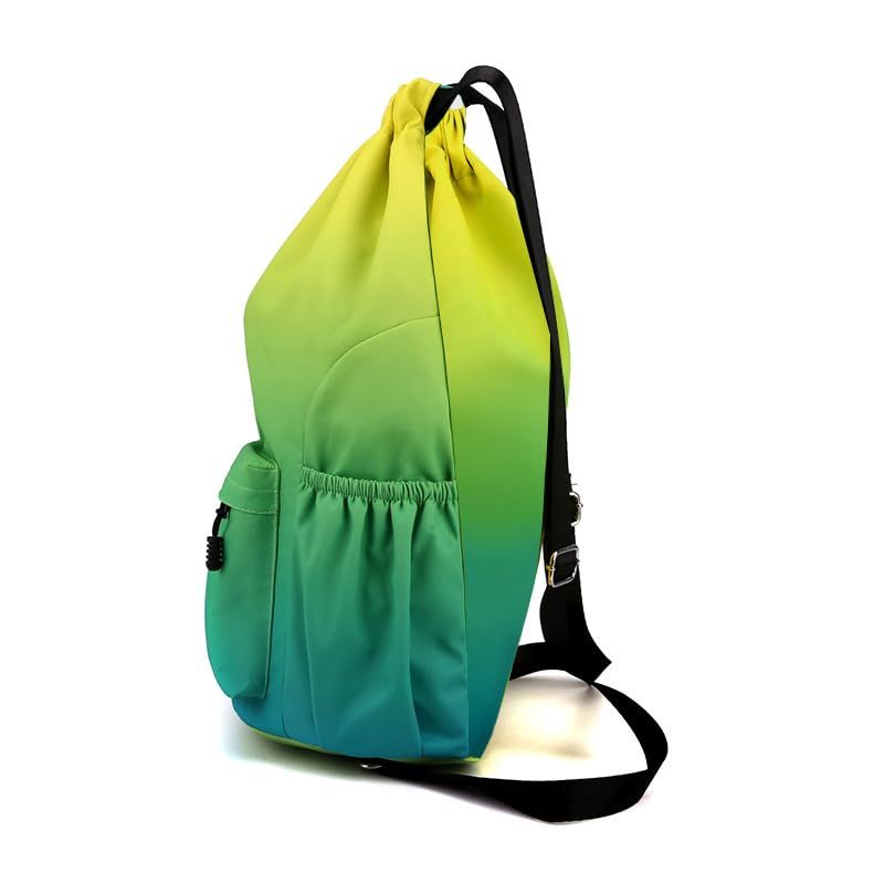 Waterproof Drawstring Bag, Lightweight String Backpack with Water Bottle Holder and Pockets, Gym Sports Cinch (Yellow green,Small) — image 3