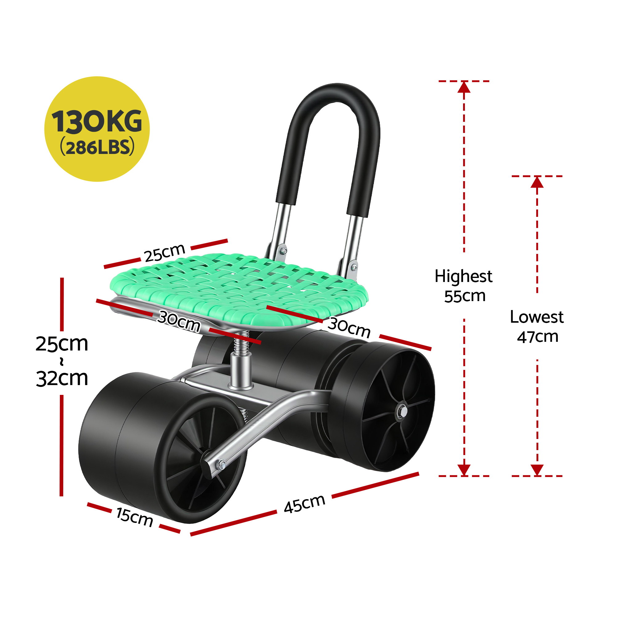 Gardeon Gardening Cart with 360° Swivel Seat | Rolling Work Seat with Adjustable Height & All-Terrain Wheels | 130KG Capacity Heavy Duty Garden Scooter for — image 2