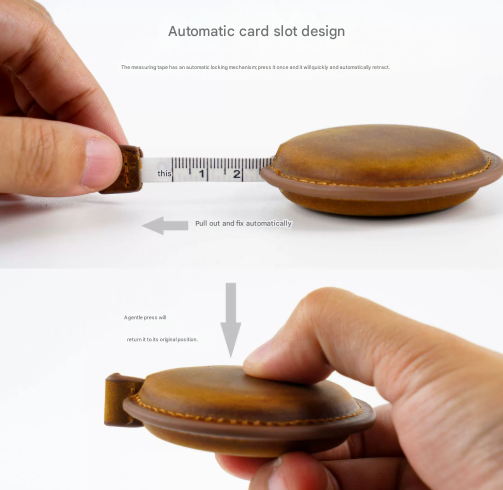 Coffee Handmade Crazy Horse Leather Retractable Tape Measure Keychain Dual Sided Scale 150cm/60" Mini Pocket Ruler for Sewing & Body Measuring — image 3
