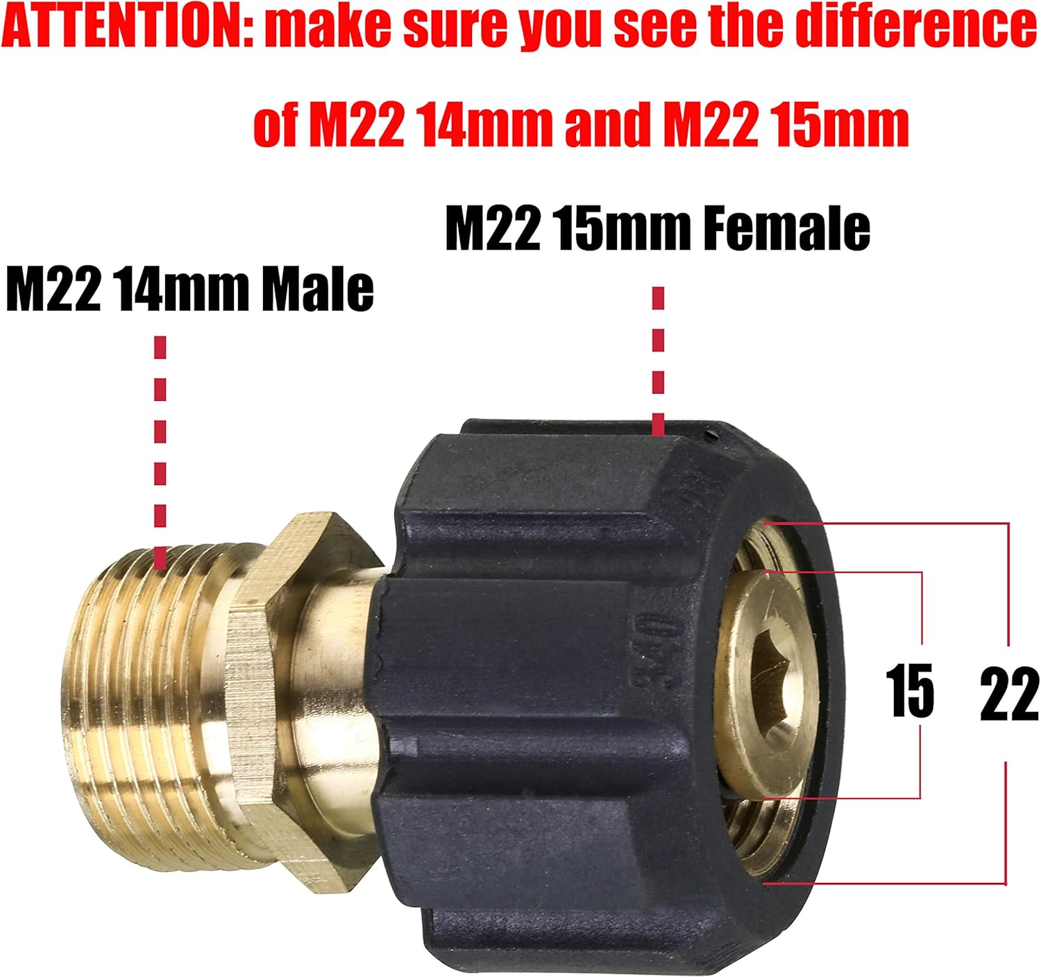 Pressure Washer Adapter, Metric M22 15mm Female Thread to M22 14mm Male Fitting, 4500 PSI โ image 2