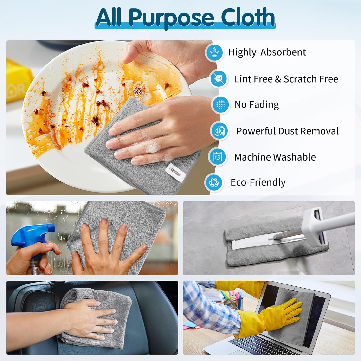 Grey Microfiber Cleaning Cloth -Pack of 12 Microfiber Cleaning Cloth Bulk, 100 Pack Shop Towels, Lint-Free Car Wash Towels — image 5