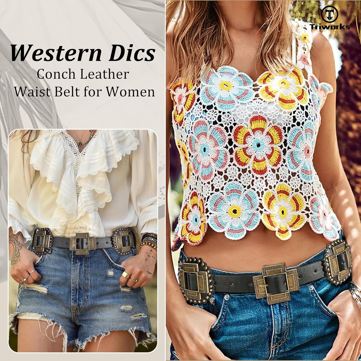 Women Western Concho Leather Belt Cowgirl Boho Belt Chunky for Dresses Concert Festival โ image 2