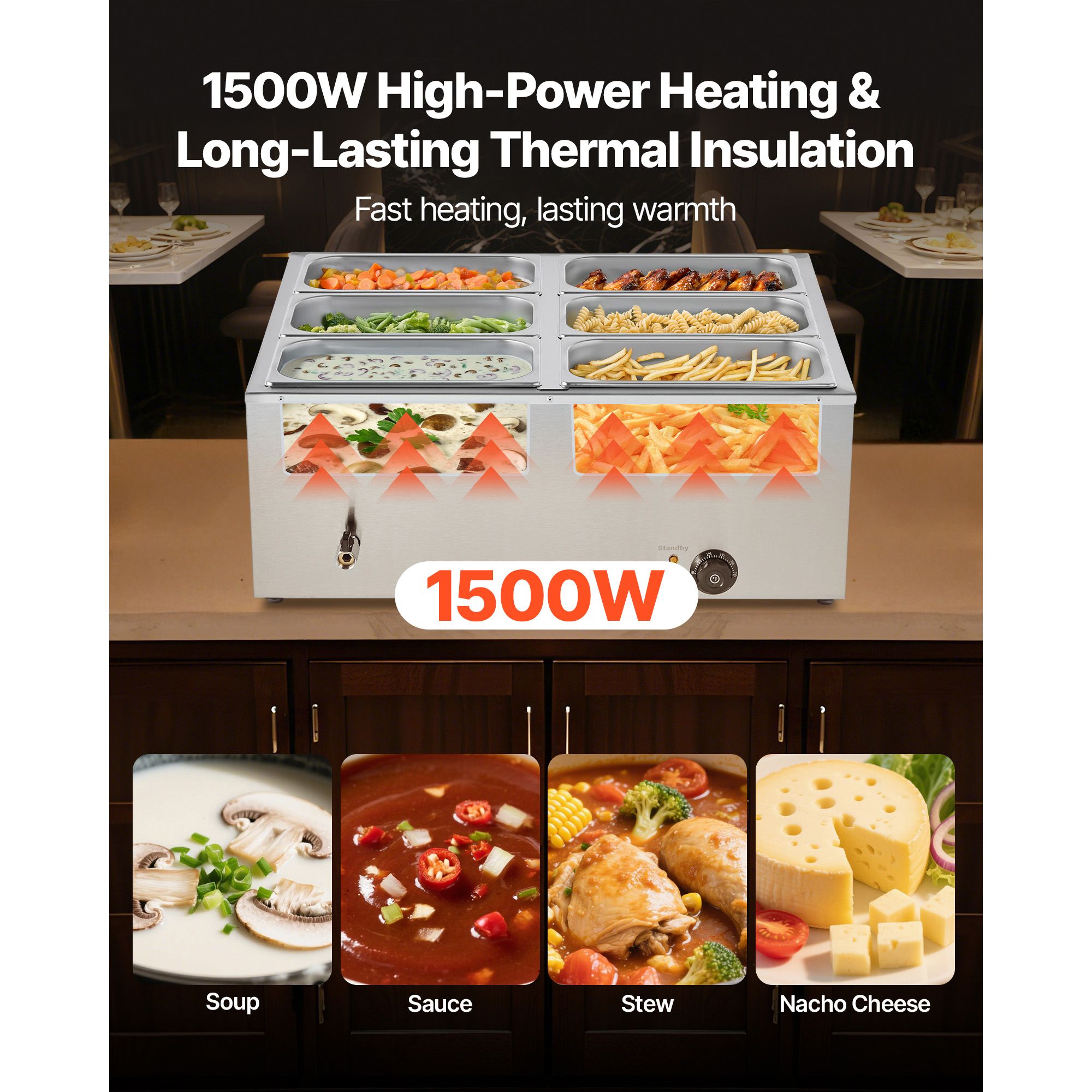 Commercial Food Warmer, 1500W Electric Stainless Steel Steam Food Warmer with Lid, 6-Pan Fast Heating Countertop Buffet Bain Marie with Soup & — image 2